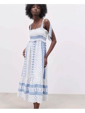 Zara Smocked Midi Blue and White Dress - Large